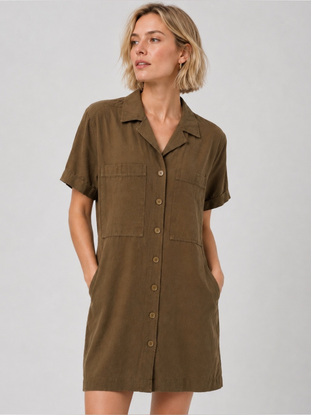 Apiece Apart Linen Organic Cotton Blend Shirt Dress in Olive Green